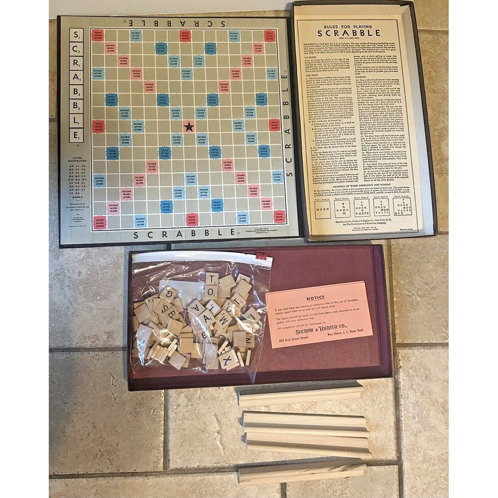 Vintage 1948-1953 SCRABBLE Board Game Selchow & Righter Complete 100 Wood Tiles